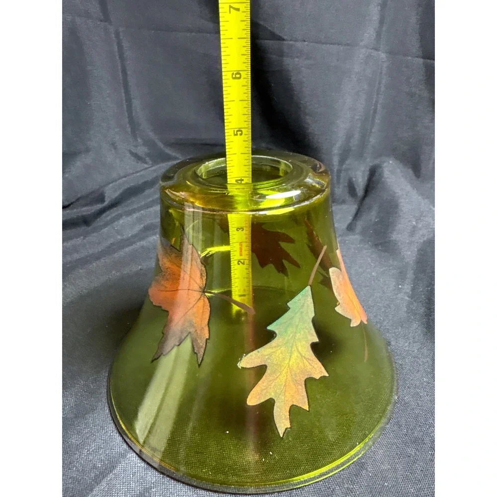 Olive Green Glass‎ Candle Shade Hand Painted Fall Autumn Leaves Jar Topper 6.5in
